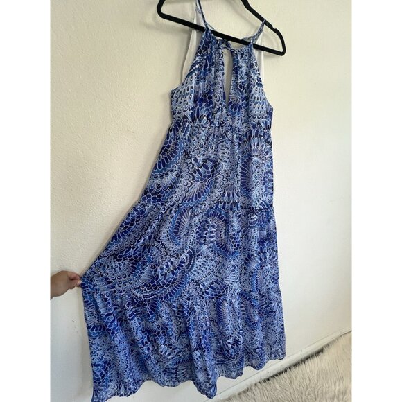 BOSTON PROPER Size 10 Boho Summer Peasant Tiered Maxi Dress Blue Feather Print - Picture 7 of 13